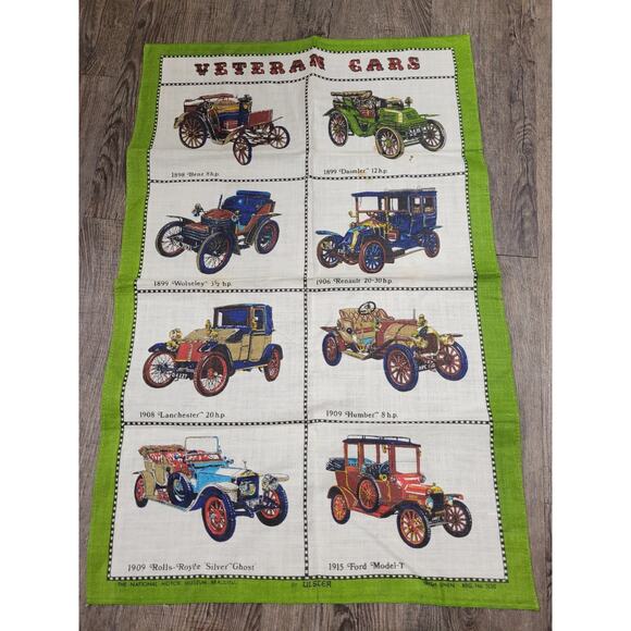 Veteran Cars Antique Tea Towel Irish Linen Made in Ireland By Ulster 29.5x19.5 - Picture 1 of 6